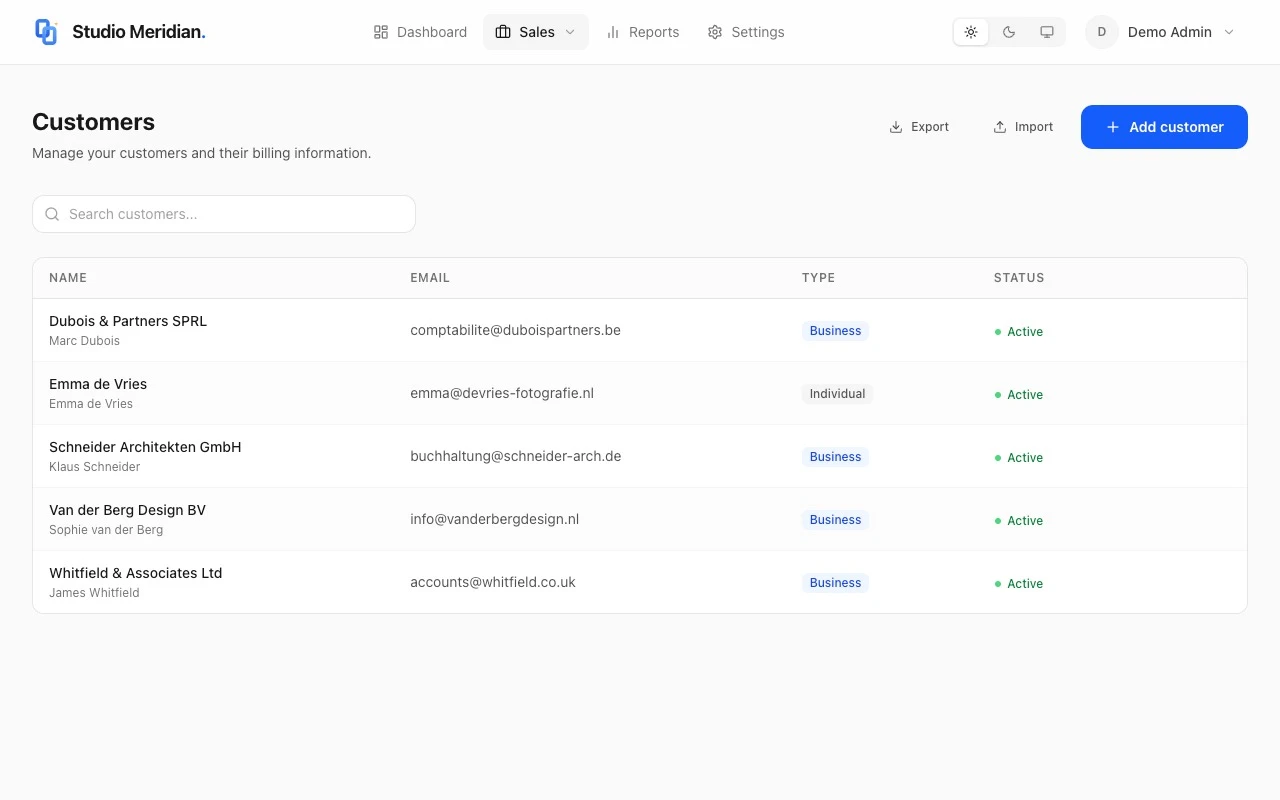InvoiceScript customer list with business and individual contacts, email addresses, type badges, and active status indicators.