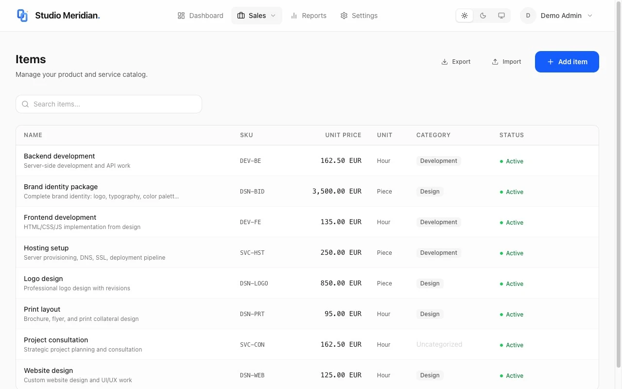 InvoiceScript items catalog showing services with SKU codes, unit prices in EUR, hourly and per-piece units, and design and development categories.