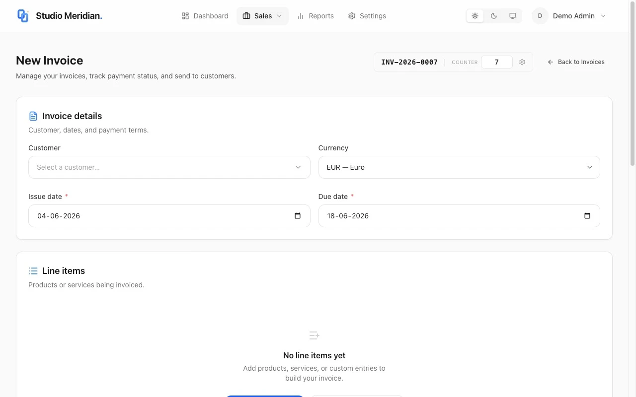 InvoiceScript invoice creation form with customer selection, date pickers, currency, and line items with description, quantity, unit price, and tax rate fields.