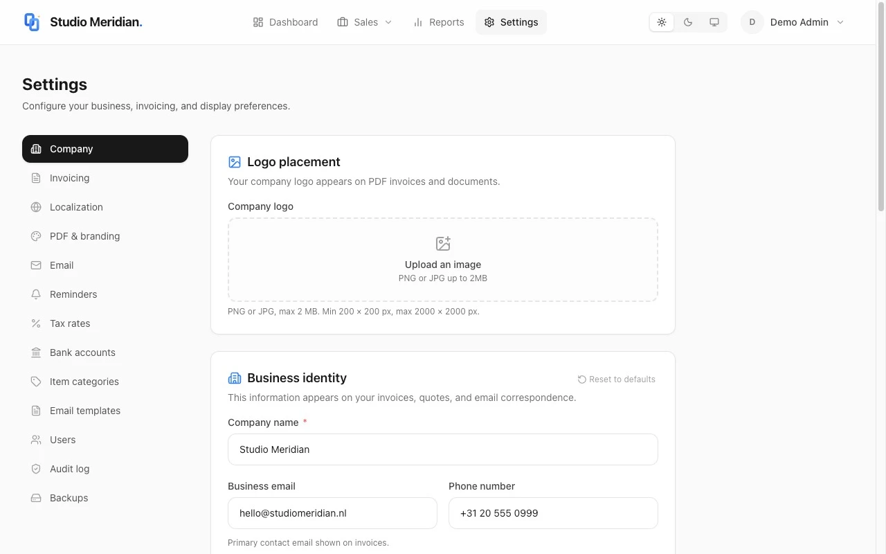 InvoiceScript company settings showing logo upload, business identity with company name, email, phone, and a sidebar with 12 settings categories.