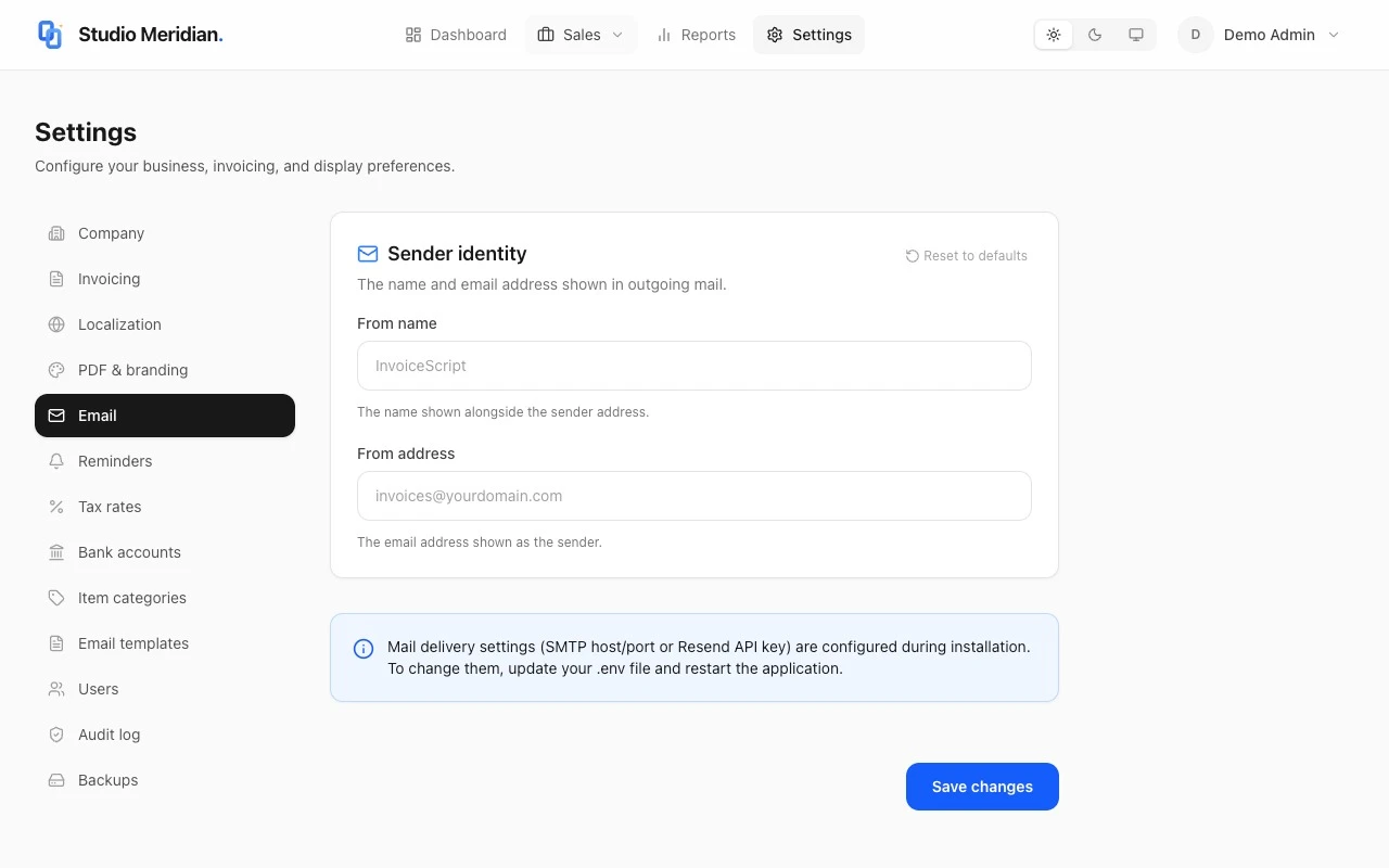 InvoiceScript email settings showing SMTP configuration, sender name and email, email driver selection with Resend API and Mailpit options.