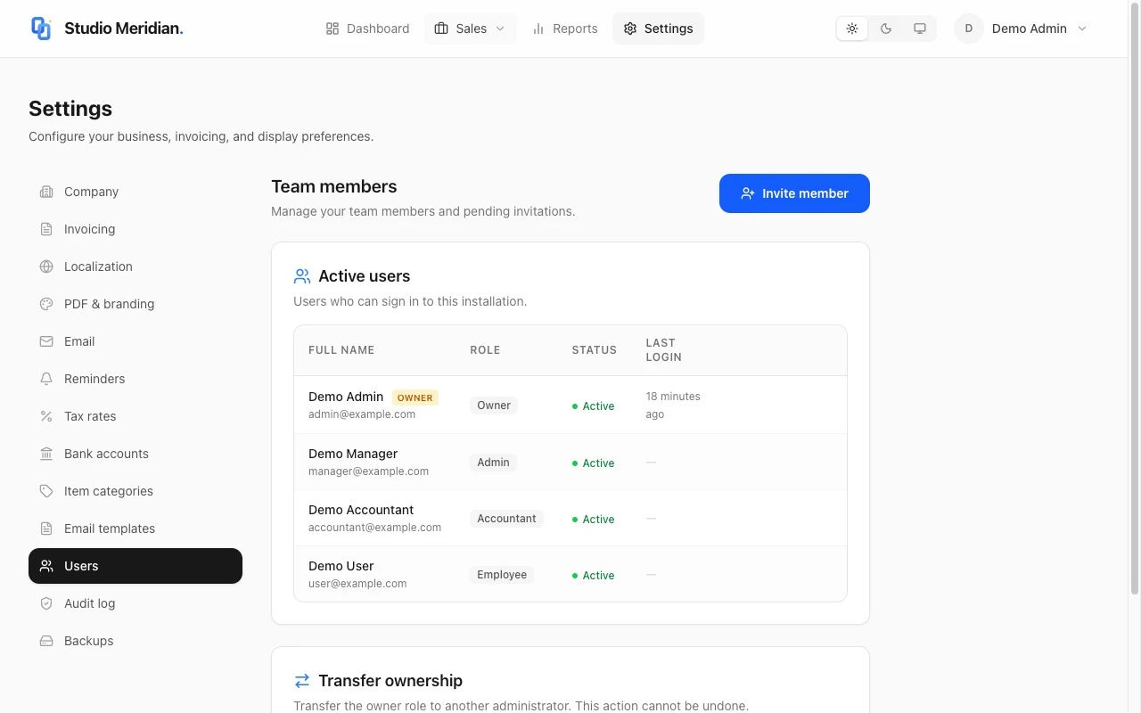 InvoiceScript team management showing 4 users with Owner, Admin, Accountant, and Employee roles, active status badges, and last login timestamps.