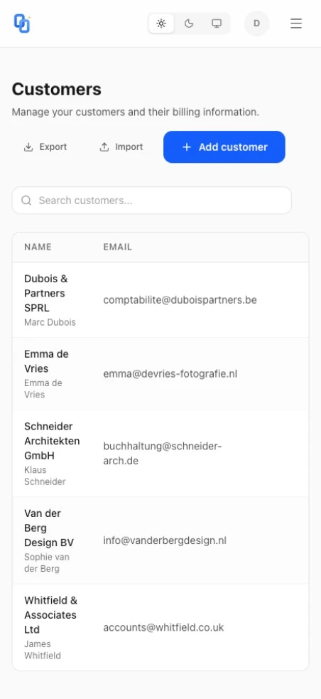 InvoiceScript mobile customer list with names, emails, and add customer button.