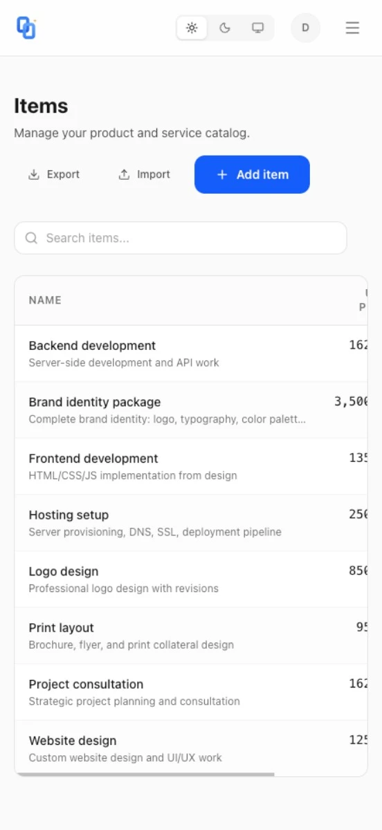 InvoiceScript mobile items catalog with service names, descriptions, and EUR pricing.