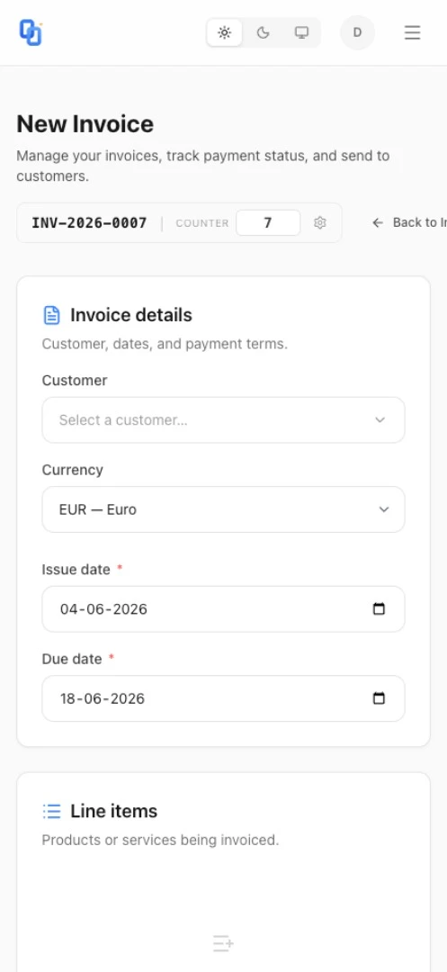 InvoiceScript mobile invoice creation with customer selector, currency, dates, and line item fields.